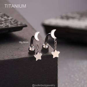 16G 8mm Implant-Grade Titanium Moon Curved Barbell, Star Charm, Eyebrow Ring, Vertical Labret Stud, Cartilage Earring, Rook Piercing Jewelry