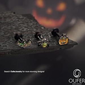 16G 3Pcs Glitter Pumpkin/Spider/Bat Cartilage Stud Set/Labret Medusa Stud/Cartilage/Helix/Tragus/Conch Flat Back Earring/Internally Threaded