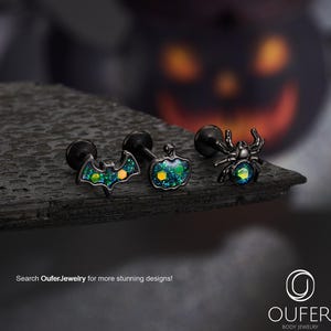 3Pcs 16G Halloween Blue Glitter Pumpkin/Spider/Bat Cartilage Studs Set/Black Labret/Helix/Tragus/Conch Flat Back Stud/Internally Threaded