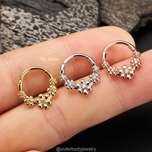16G Flower CZ Septum Ring/Gold Septum Jewelry/Floral Daith Earrings/Rose Gold Cartilage/Helix Hoop/Septum Clicker/Hinged Hoop Earring/Gifts