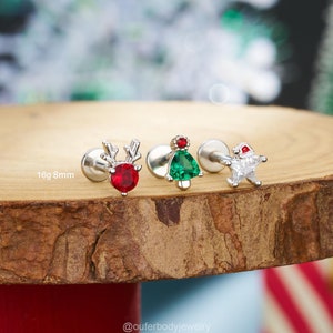 16G 3PCS Internally Threaded Christmas CZ Labret Studs/Deer/Tree/Star Cartilage earring/Flat back stud/Tiny tragus Stud/conch piercing/Gifts