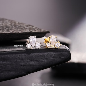 16G 6mm Teardrop CZ Flat Back Earring – Internally Threaded Gold/Silver Stud Earring for Cartilage, Conch, Helix, Tragus,Lobe, Nose,& Labret