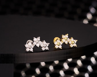 16G Floral CZ Climber Stud Earring/Cartilage Studs/Helix Stud/Tragus Stud/Conch Earring/Tiny Gold Earring/Internally Threaded Flat back Stud