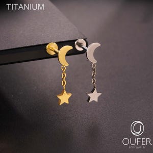 16G Titanium Threadless Moon Dangle Star Cartilage Stud/Tiny Moon Flat Back Stud/Push Pin Nose Stud/Helix/Conch Piercing/Drop Earring/Gifts