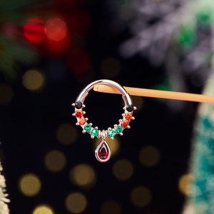 16G Colorful Teardrop Gem Dangle Septum Ring/Daith Earrings/Helix Hoop/Septum Clicker/Septum Jewelry/Silver Septum/Tragus/Conch Hoop/Gifts