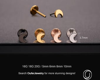 16G/18G/20G Titan Threadless Mond flache Rückseite Bolzen/Push Pin Labret/Knorpel/Conch/Helix/Tragus/Nase Piercing Silber/Gold/Schwarz/RoseGold