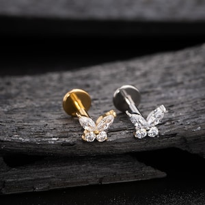 16G 18G Threadless Butterfly Push-In Labret/Tragus/Cartilage/Conch/Forward Helix Stud/Nose Piercing/Push Pin Flat Back Earring Silver Gold