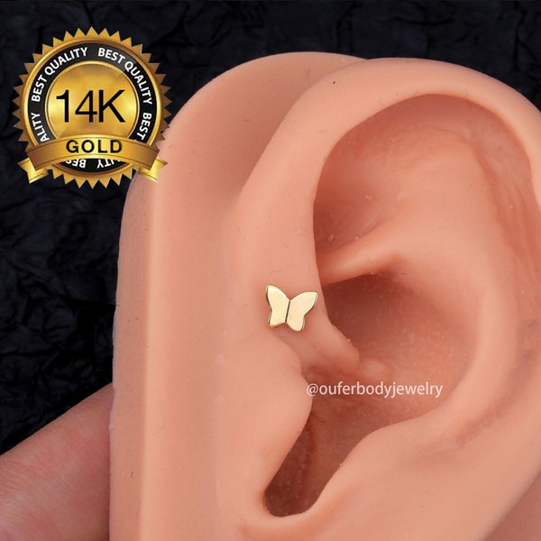 14K Gold Butterfly Cartilage Piercing/Threadless Push-In Labret/Nose/Tragus/Conch/Forward Helix Piercing/Threadless Earring End/Gift for her