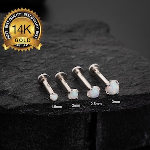 14K White Gold White Opal Threadless Push Pin Labret Stud/Cartilage Flat Back Earring/Helix/Conch/Tragus/Nose/Monroe/Lip/Medusa/Earlobe Stud