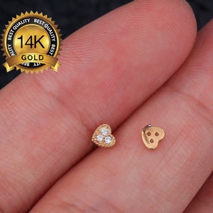 14k Solid Gold Heart Threadless Push-In Labret/Threadless Nose Stud/CZ Labret Piercing/Tragus/Cartilage Stud/Conch/Helix/flat back earrings