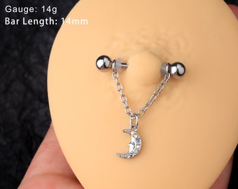 14G CZ Moon Dangle Nipple Ring/Nipple Jewelry/Nipple Barbell/Nipple Piercing/Sexy Body Jewelry/Barbell Piercing/Nipple Clamps/Gift For Her