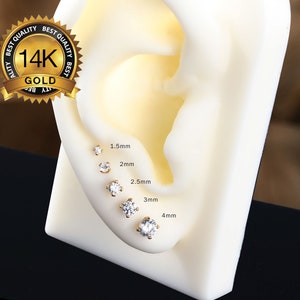 14K Solid Gold Threadless Push In CZ Labret Stud/Tragus/Cartilage/Conch/Forward Helix Piercing/Nose Push Pin Stud 1.5mm,2.0mm, 2.5mm 3mm 4mm image 1
