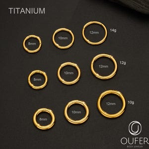 May include: A collection of gold-colored titanium body jewelry, including hinged hoop earrings in various sizes: 8mm, 10mm, and 12mm. The image displays the jewelry with size and gauge information, such as 14g, 12g, and 10g. The brand name "OUFER" is visible.