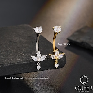 14G Lotus Dingla Navelring Med Klar CZ/Navelpiercing/Böjd Skivstång/Silver/Guld