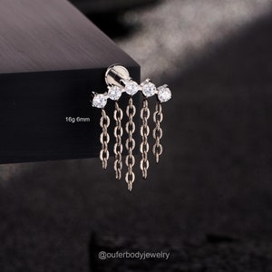 16G Titanium Curtain CZ Dangle Chain Cartilage Stud/Helix Earring/Labret Stud/Flat Back Earring/Conch Stud/Internally Threaded/1PCS/Gifts