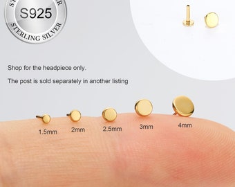 S925 Sterling Silver Gold Flat Disc Threadless Ends TOP ONLY/Push Pin Labret/Nose/Tragus/Cartilage/Conch/Forward Helix Stud/FlatBack/No Post