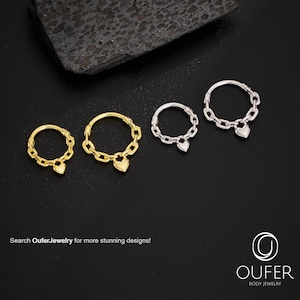 16G Stainless Steel Gold & Silver Septum Ring with Heart Charm | Chained Septum Hoop Clicker | Daith, Cartilage, Helix, Conch Piercing, Gift