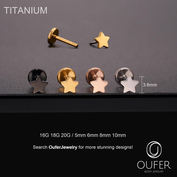 16G/18G/20G Titanium Threadless Star Flat Back Earring/Push Pin Labret/Cartilage/Conch/Helix/Tragus/Nose Piercing Silver/Gold/Black/RoseGold