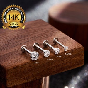 Pendiente de oro blanco de 14 quilates con bisel de circonitas cúbicas, sin rosca, con pasador a presión, para labio/cartílago/hélice/trago/caracola/parte trasera plana, 16 g, 18 g y 20 g