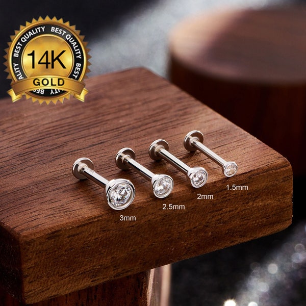 14K White Gold Bezel CZ Threadless Push Pin Labret/Cartilage earring/Forward Helix stud/Tragus stud/Conch Stud/FlatBack Earrings 16g,18g,20g