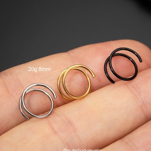 2PCS 20G Implant Titanium Double Hoop Nose Ring Single Pierced/Silver Gold Black Nose Hoop/Spiral Hoop Earring/Nostril Piercing/Twist Hoops