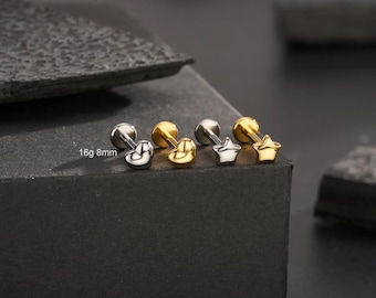 16G 8mm Implant Grade Titanium Labret Stud,Internally Threaded Star/Heart Flat Back Earring, Helix, Conch, Tragus,Cartilage Piercing Jewelry