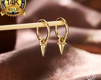 14K Solid Gold Tiny Spike Hoop Earring Charm Only/1PCS-No Hoops