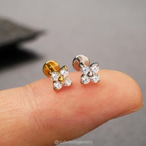 16G/18G Threadless Four Leaf Clover CZ Stud/Gold/Silver Cartilage Stud/Push Pin Labret/Nose/Tragus/Conch/Helix Piercing/Flat back earrings