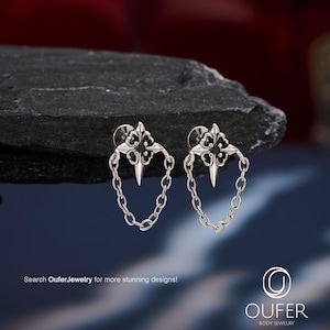 Ohrstecker mit Irisblüte (16G) und baumelnder Kette, flacher Verschluss, innenliegendes Gewinde, Knorpel-, Conch- und Helix-Ohrring, Gothic-Körperschmuck