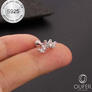 Tiny Climber CZ labret en argent sterling 16G 925/Couon en argent avec couronne à dos plat/Conque intérieure/Clou en hélice/Piercing labret à filetage interne