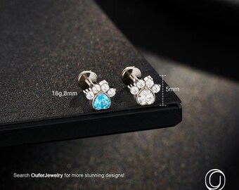 16G 8mm Titanium Tiny Dog Paw Threadless Stud – Small Silver Earring, Push Pin Flat Back Earring