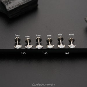 CZ marquise en titane 16/18/20 g sans filetage/petit clou de cartilage argenté/labret à poussoir/piercing nez/tragus/conque/boucle d'oreille hélicoïdale à dos plat