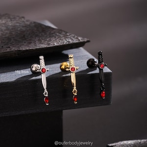 16G Sword-Shaped Cartilage Studs, Ball-End Stud Earrings, Red zircon Charm, Earlobe, Conch, Helix, Tragus Piercings, Medieval Style Earrings