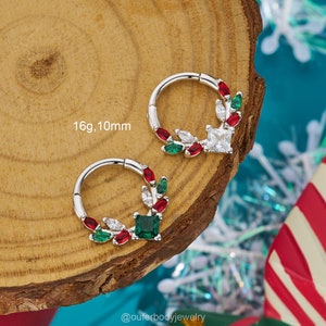 16G Antler Colorful CZ Septum Ring/Daith Earring/Square Emerald CZ Cartilage Hoop/Helix Piercing/Septum Jewelry/Conch Hinged Clicker/Gifts