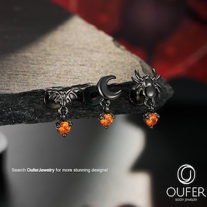 3Pcs 16G Halloween Dangle Moon/Spider/Bat CZ Cartilage Studs Set/Labret Stud/Helix/Tragus/Conch Flat Back Stud/Internally Threaded Stud Gift