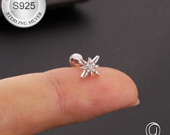 16G 925 Sterling Silver Starburst CZ Labret Stud/Flat Back Silver Stud/Conch/Helix/Tragus Flatback Stud/Internally Threaded Labret Piercing