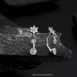 16G Flower CZ Dangle Rook Earring/Curved Barbell/Eyebrow ring/Vertical Labret Jewelry/Rook barbell/Eyebrow Piercing/Cartilage Earring/Gifts