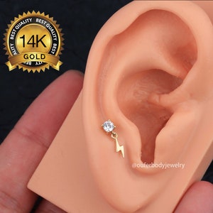 14K Gold CZ Dangle lightning stud earrings/Threadless Push Pin Labret/Nose/Tragus/Cartilage/Conch/Helix Piercing/earlobe/Flat Back earrings