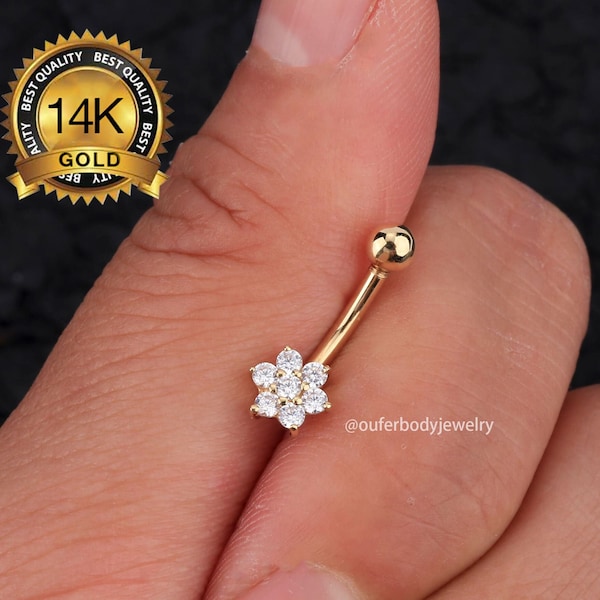 14K Solid Gold Flower Belly Rings/Floral Navel rings/Belly piercing/Navel piercing/Belly button Jewelry/Navel Jewelry/Curved Barbells 14g