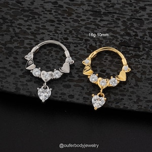 16G CZ Heart Dangle Septum Ring/Daith Earrings/Gold Helix Hoop/Septum Clicker/Septum Jewelry/Silver Septum/Tragus/Conch Hoop/Gift for her