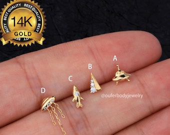 14K Gold Spaceship Threadless Push-In Labret Stud/Rocket UFO Earrings/Tragus/Cartilage/Conch/Forward Helix Piercing/Nose/Tiny Flat back stud