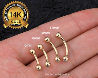 Anneau de nombril en or 14 carats/piercing au nombril 14G/forme ronde deux boules bijoux d'haltères filetées/cartilage/haltères incurvées 6mm 8mm 10mm 12mm