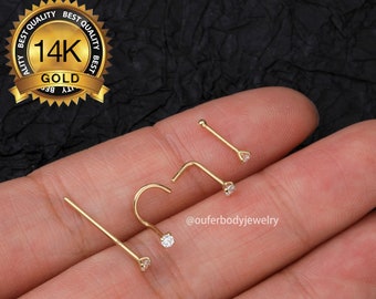 14K Solid Gold 2mm Clear CZ Nose Studs/Nose Ring/Nose Jewelry/Nose Piercing/Nose Bone/Straight Stud/Nose Screw/Fishtail/L-shaped Nose ring