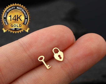 14K Solid Gold Key&Lock Threadless Push Pin Labret Stud Earrings/Cartilage Flat Back Stud/Conch Stud/Tiny Studs/Helix Stud/Tragus/Nose Stud