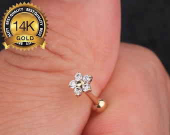 Pendiente de oro macizo de 14 quilates con forma de flor para cartílago/tragus/hélix/concha/lóbulo de la oreja/pequeño pendiente floral/pendiente con cierre de rosca/regalo para ella