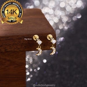 14K Solid Gold Labret Stud,Flat Back Cartilage Earring with Moon Charm,for Helix, Tragus, Conch, Earlobe, Internally Threaded Dangle Earring