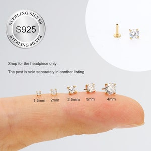 S925 Sterling Silver Gold Prong CZ Threadless Ends TOP ONLY/Push Pin Back/Nose/Tragus/Cartilage/Conch/Helix Stud/FlatBack Earring/No Post