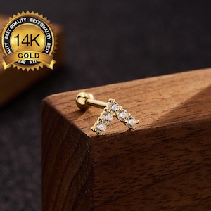 14K Solid Gold V Shaped CZ Cartilage Stud/Helix Earring/Screw back Stud Earring/Conch/Tragus stud/Tiny Gold Stud/Cartilage Piercing/Gifts