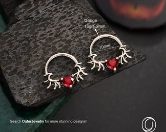Halloween Gothic Septum Clicker, 16G 10 mm Granat Rotes Herz CZ Hoop, geflügelte Hoop für Daith,Helix,Knorpel | Gruseliger Schmuck, Festliches Piercing