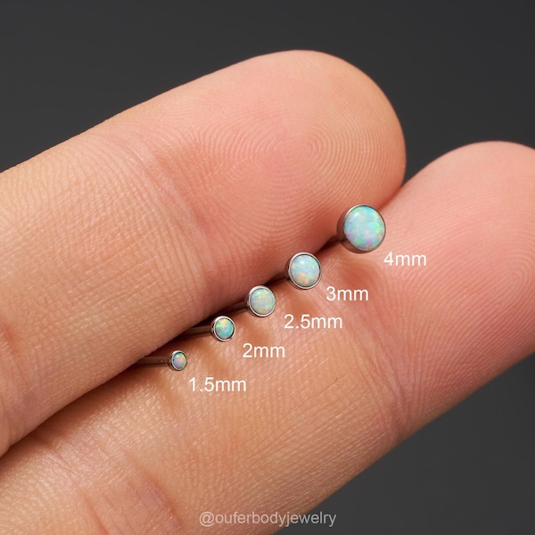 Brinco de titânio sem rosca com opala, calibre 16/18/20G, para cartilagem, piercing labret com pino de pressão, piercing no nariz, tragus, concha ou hélice. Base plana.